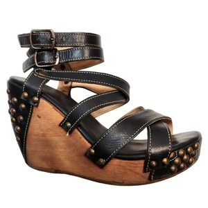 Bed Stu Michaela Women's Wooden Wedge Strappy Sandals - Black 7.5 B